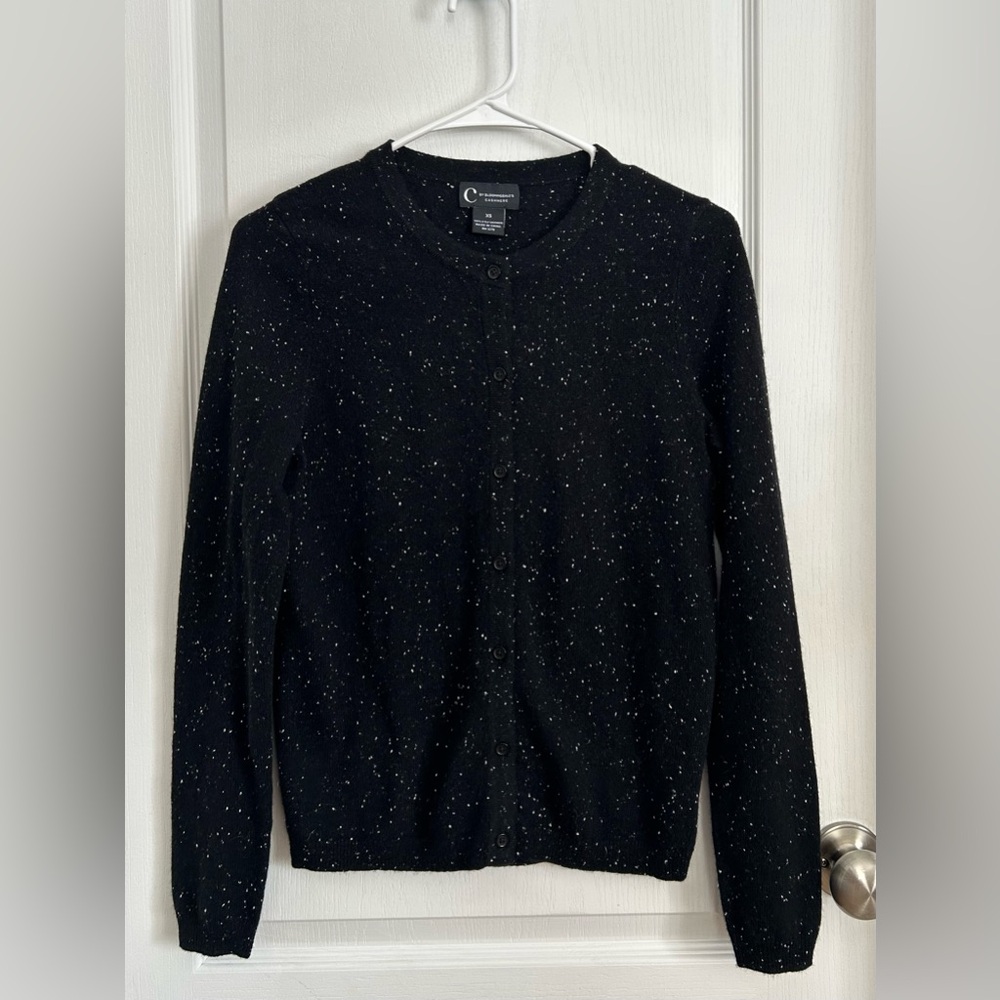 C By Bloomingdales Cashmere XS Black Speckle Crew Neck Button Sweater Cardigan